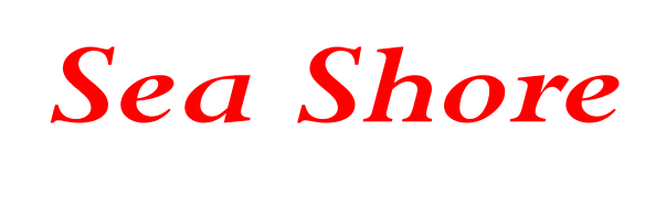Sea Shore seafood restaurant logo, established 1929, world-class seafood, elegant typography, red and white design.